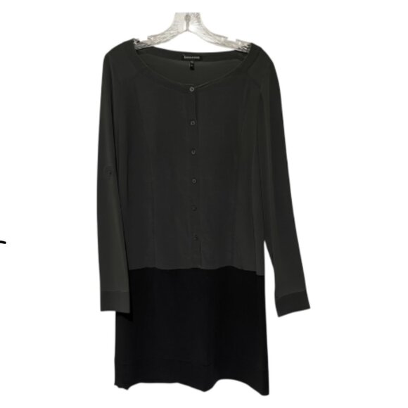 Eileen Fisher XS Long Sleeve 1/2 Button Down Black Grey Color Block Silk Dress - Picture 2 of 6